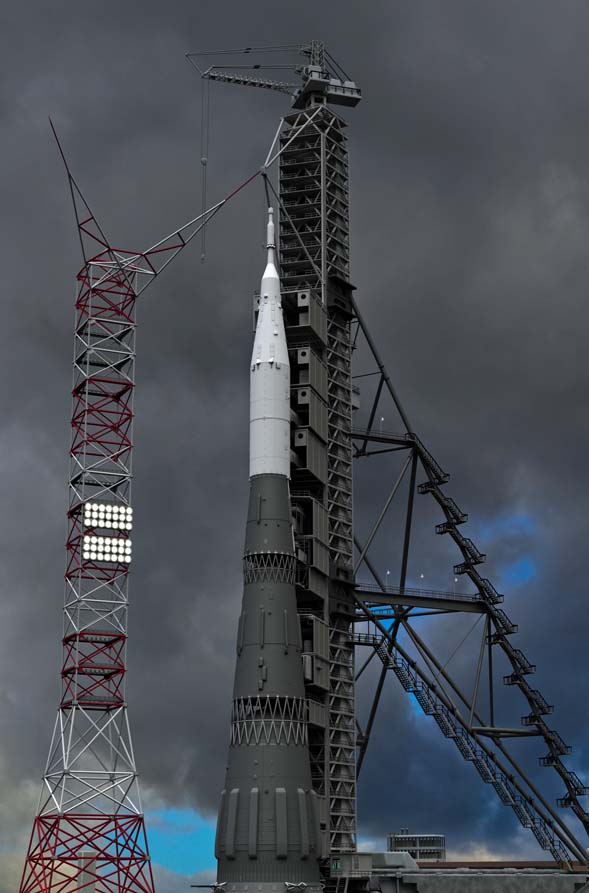 N1-3L at the launch tower, against a stormy sky.