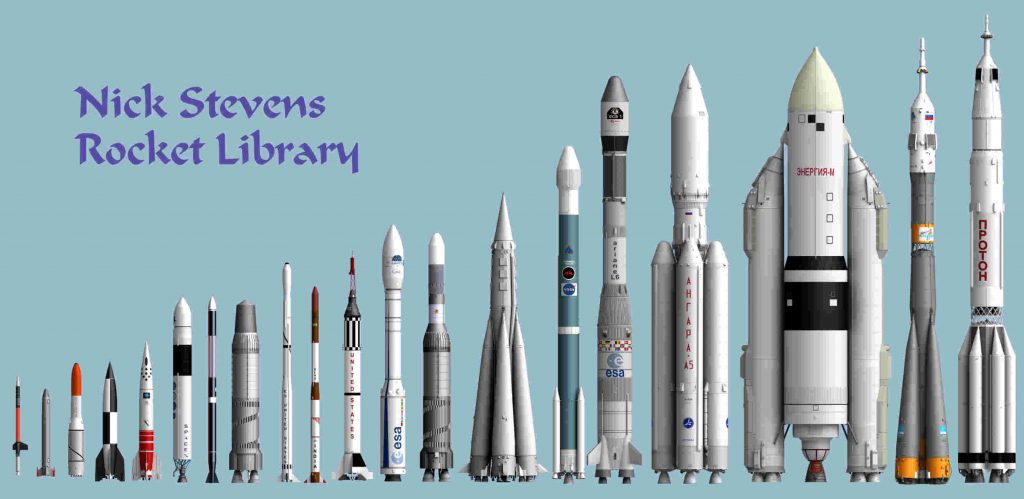 A collection of most of the rockets I have modelled, all done to the same scale.